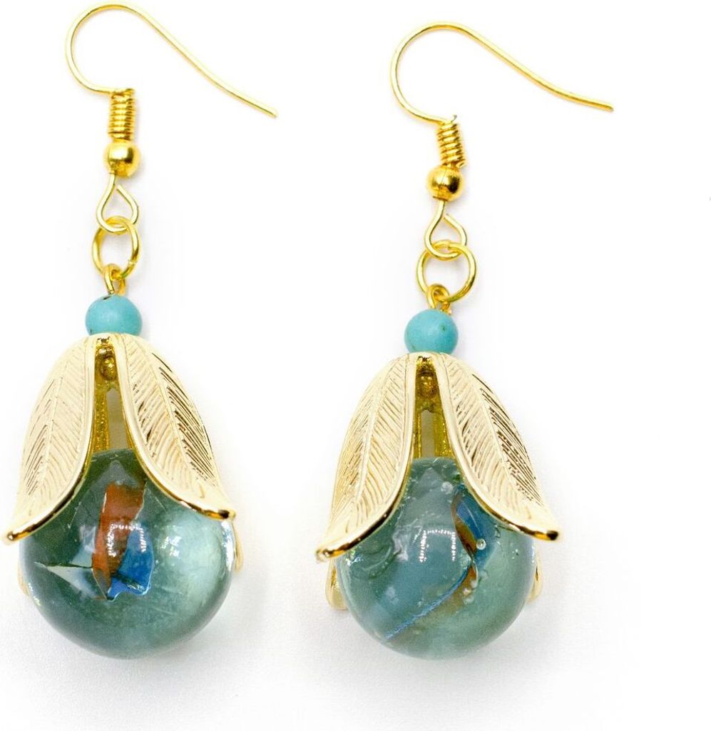 Murmel Ohrringe Miniblings Hänger Perlen Perle Blatt Upcycling hellblau gold