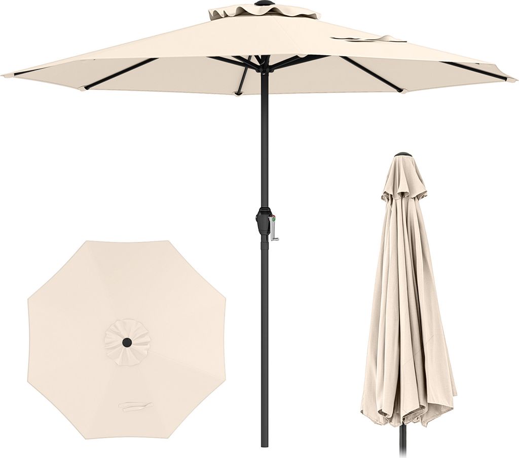A beige patio umbrella is shown in three different views: open, closed, and from a top-down perspective.
