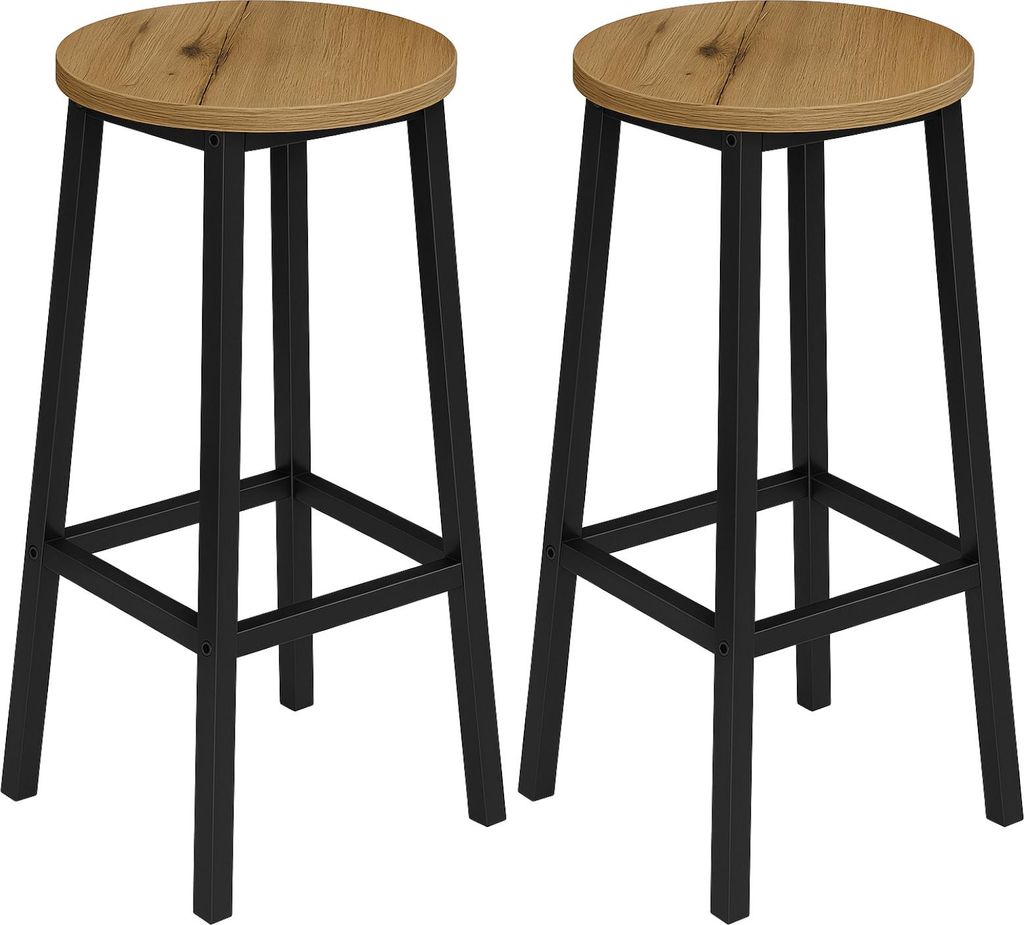 BEGRYF Hocker Barhocker 2er Set – runde Sitzfläche 32 cm, Küchenhocker 65 cm hoch, Industrial Design, Holzoptik & schwarzes Metallgestell