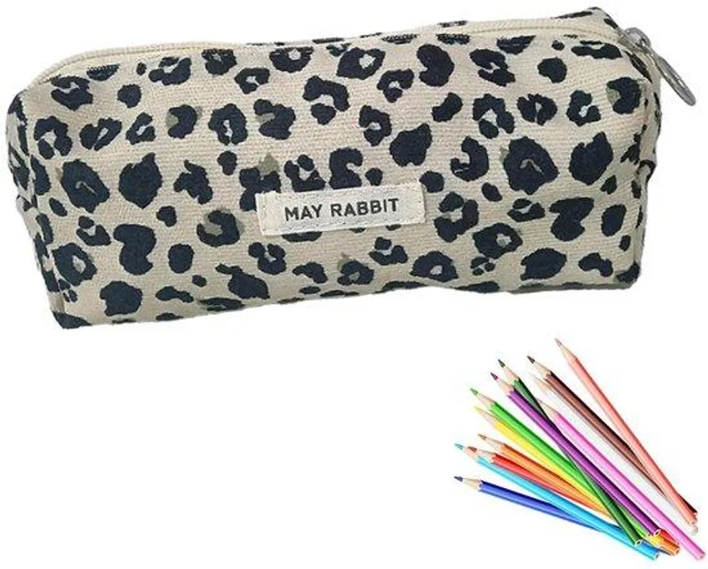 Trousse beige motif léopard en velours côtelé pour école et bureau