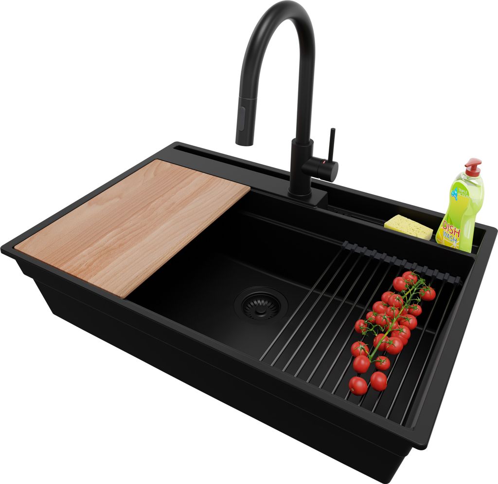 PRIMAGRAN Granitspüle Alles Schwarz 78x53cm, Spülbecken 1 Becken + Ablauf-Set + Küchenzubehörset, Küchenspüle ab 80er Unterschrank - Oslo Pocket