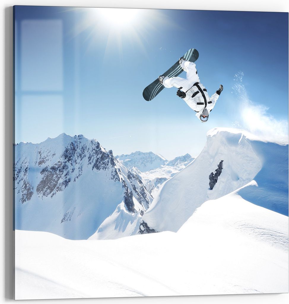 DEQORI Glasbild Echtglas 50x50 cm 'Adrenalin im Schnee' Wandbild Bild modern Deko