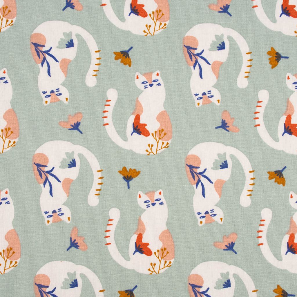 Baumwollstoff Meterware We Tacha Katzen Blumen mint 1,47m