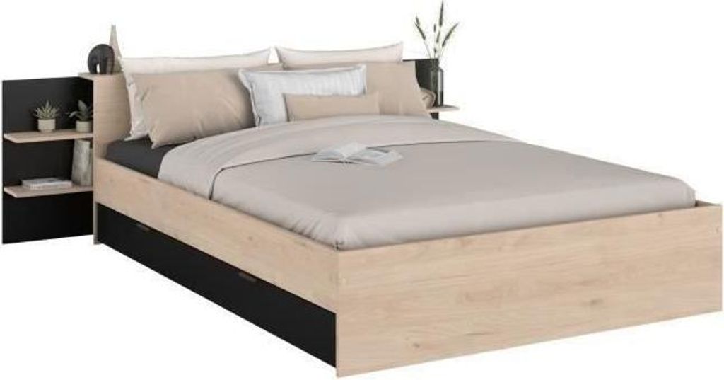 Bett mit Schublade, 140 x 190/200 cm, Eiche Nachbildung und Schwarz, PARISOT HORN