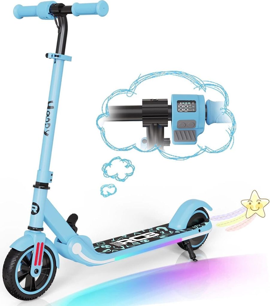 RCB Elektroroller Kinder ab 6-12 Jahren, Elektroroller mit LED-Anzeige, Bunte Neonlichter, Einstellbare Höhe und Geschwindigkeit, Nur 6.5KG Faltbarer