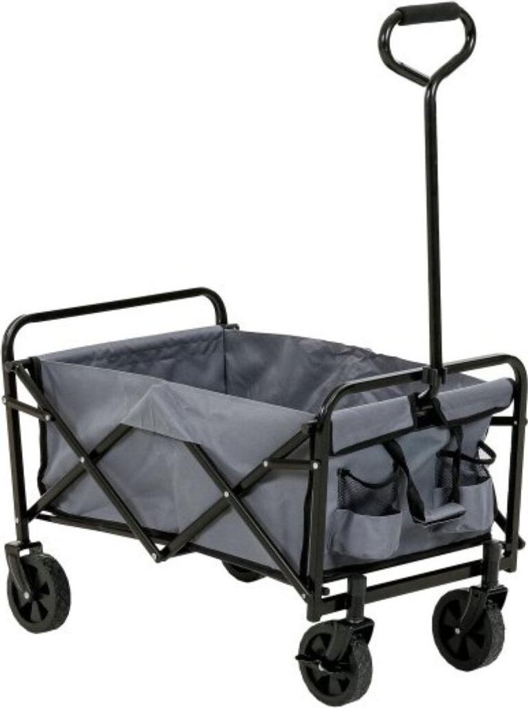 A gray folding wagon with a black frame and handle, shown against a white background.