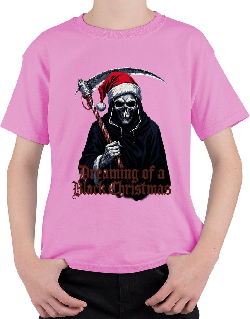 Dreaming of a Black Christmas Sensenmann Totenkopf Gothic Santa Uni Kinder T-Shirt, Pink, 116