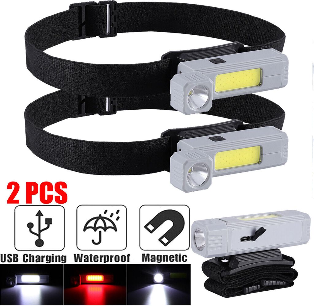 2 USB COB LED Stirnlampe Kopflampe Wiederaufladbar Scheinwerfer Wasserdicht Akku