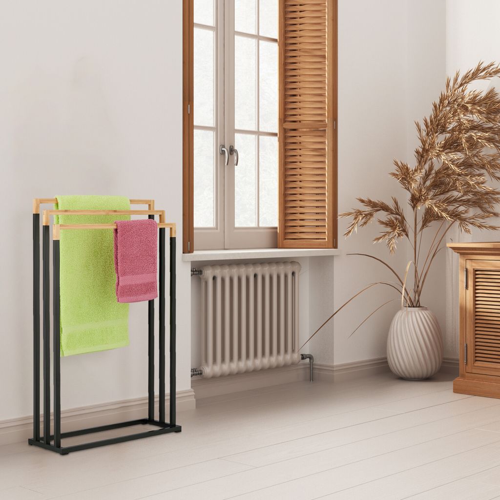 Relaxdays Handtuchständer 76cm - 3 Stangen Metall Bambus Weiß