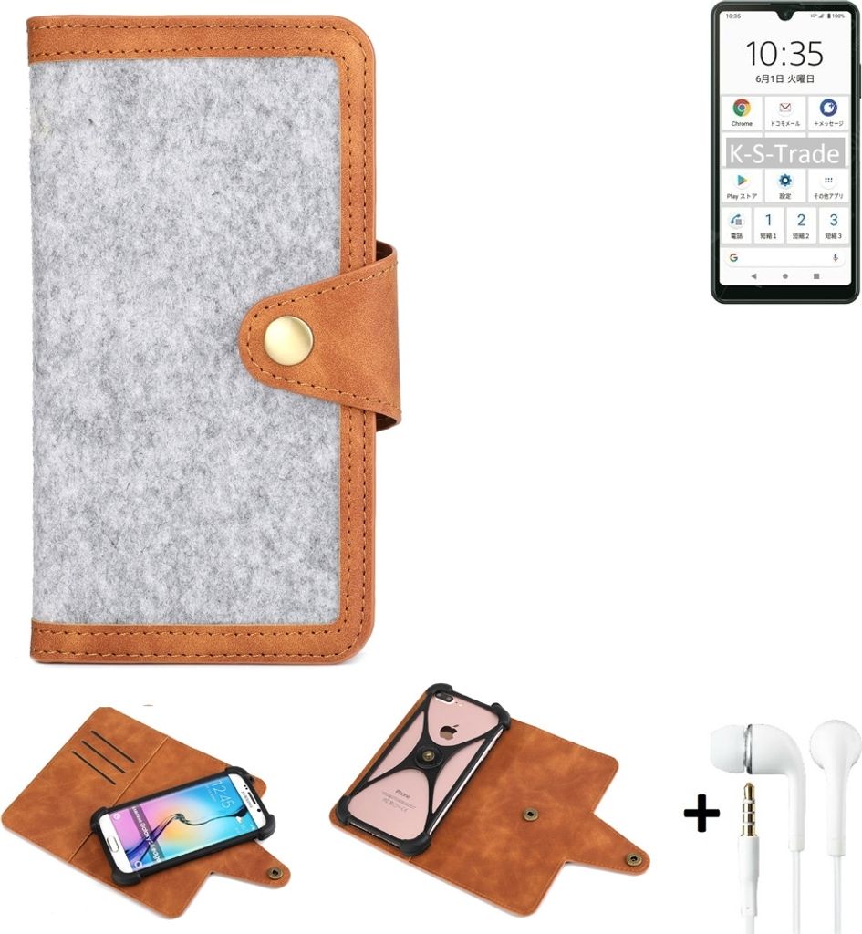 K-S-Trade Handyhülle + Kopfhörer kompatibel mit Sony Xperia Ace II Schutzhülle Filz Hülle Kunstleder hellgrau braun (1x)