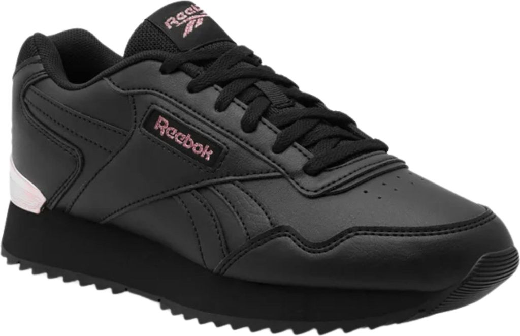 A studio shot of a black Reebok sneaker with pink accents.