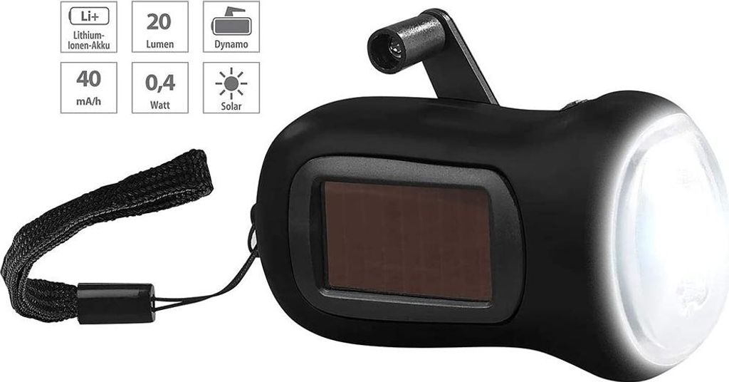 Solar Taschenlampe: Dynamo-Taschenlampe mit Solarpanel, 3 LEDs, 0,4 Watt, 20 Lumen, Akku (Hochwertige Dynamo Taschenlampe)