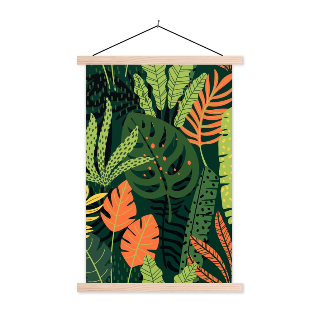 MuchoWow Textilposter Dschungel - Muster - Blätter - Jungen - Mädchen - Kind 120x180 cm mit holzfarbenen Rahmen - Textil-Plakat