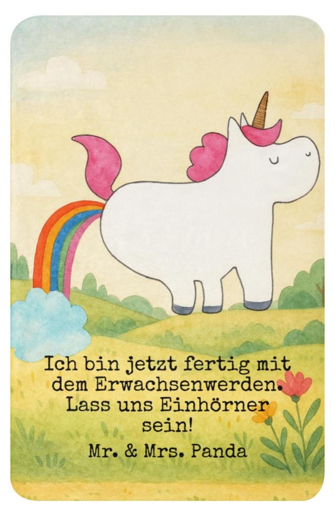 Mr. & Mrs. Panda Decke Einhorn Pupsen Design 100 x 150 cm - Weiß - Geschenk, Spaß, Kuscheldecke, Schmusedecke, Plaid, Unicorn, Regenbogen, Lustig...