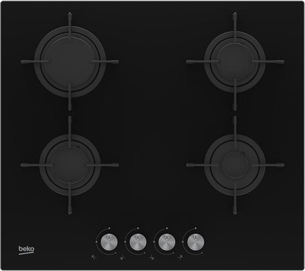 A top-down view of a black gas stovetop with four burners and four control knobs.