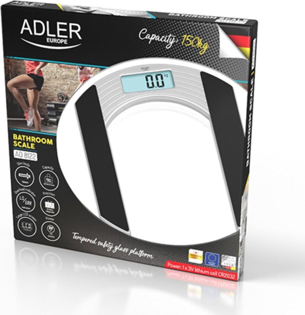 ADLER MS 8150 Bilancia Da Bagno In Vetro Nero – Capacità 150kg – Precisione 100g – Spegnimento Automatico