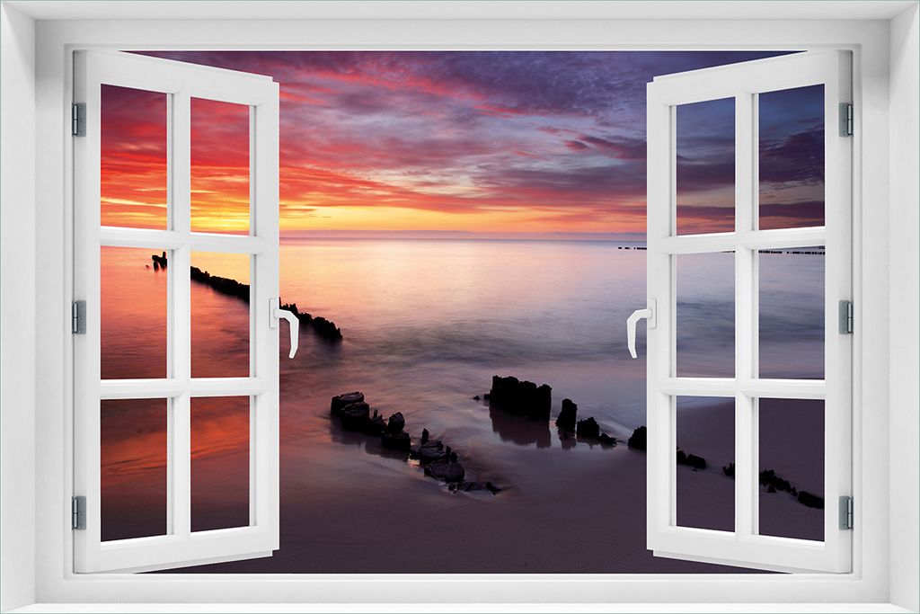 Wallario selbstklebendes Poster mit Fenster-Illusion - Sandstrand im Sonnenuntergang - Roter Himmel, Größe: 61 x 91,50 cm