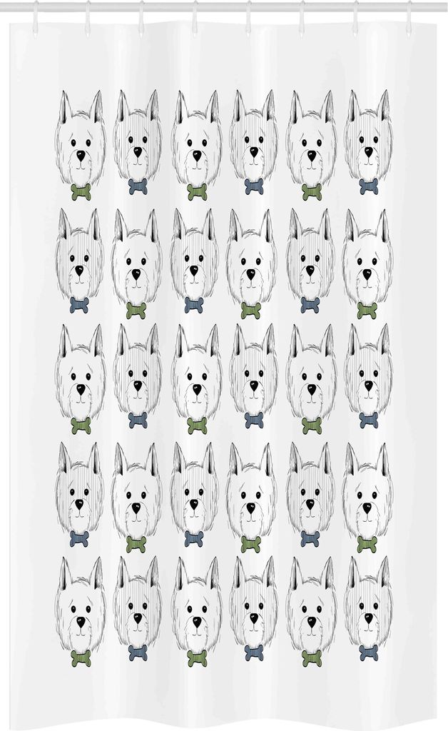 ABAKUHAUS Scottie Dog Schmaler Duschvorhang, West Highland Welpen, Badezimmer Deko Set aus Stoff mit Haken, 120 x 180 cm, Blau grau