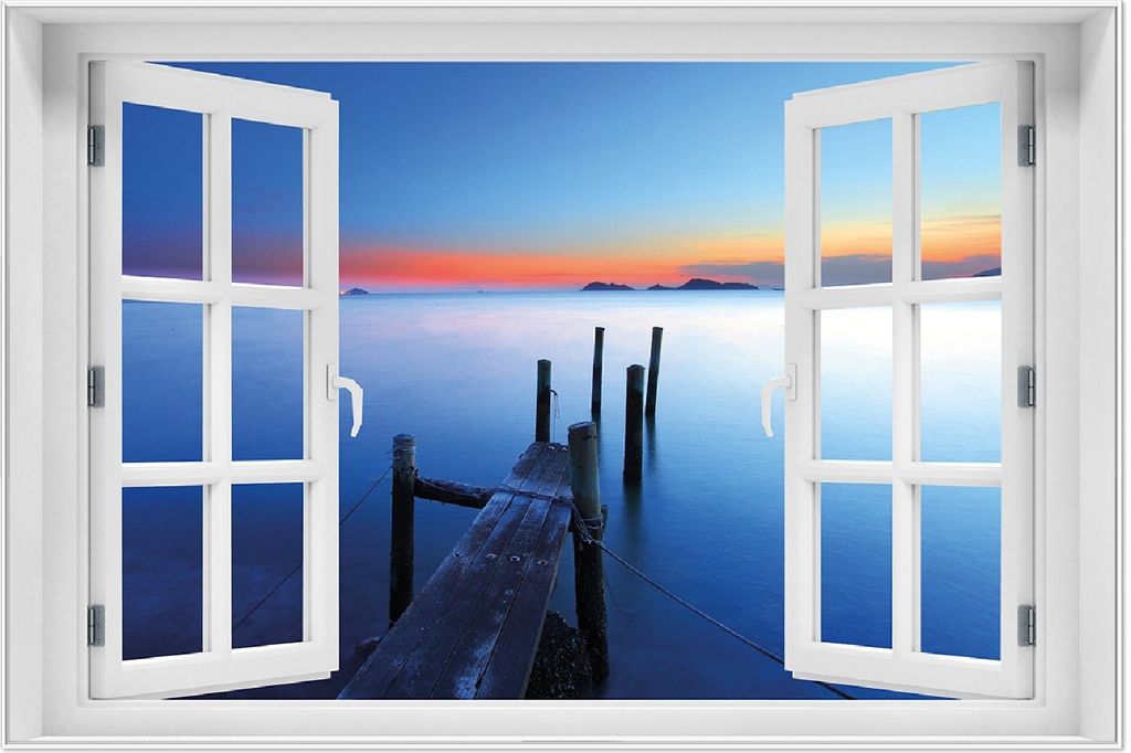 Wallario Wandbild mit Fenster-Illusion: Steg im Wasser - Abendstimmung am Meer, Größe: 61 x 91,5 cm, Poster mit weißem Aluminiumrahmen