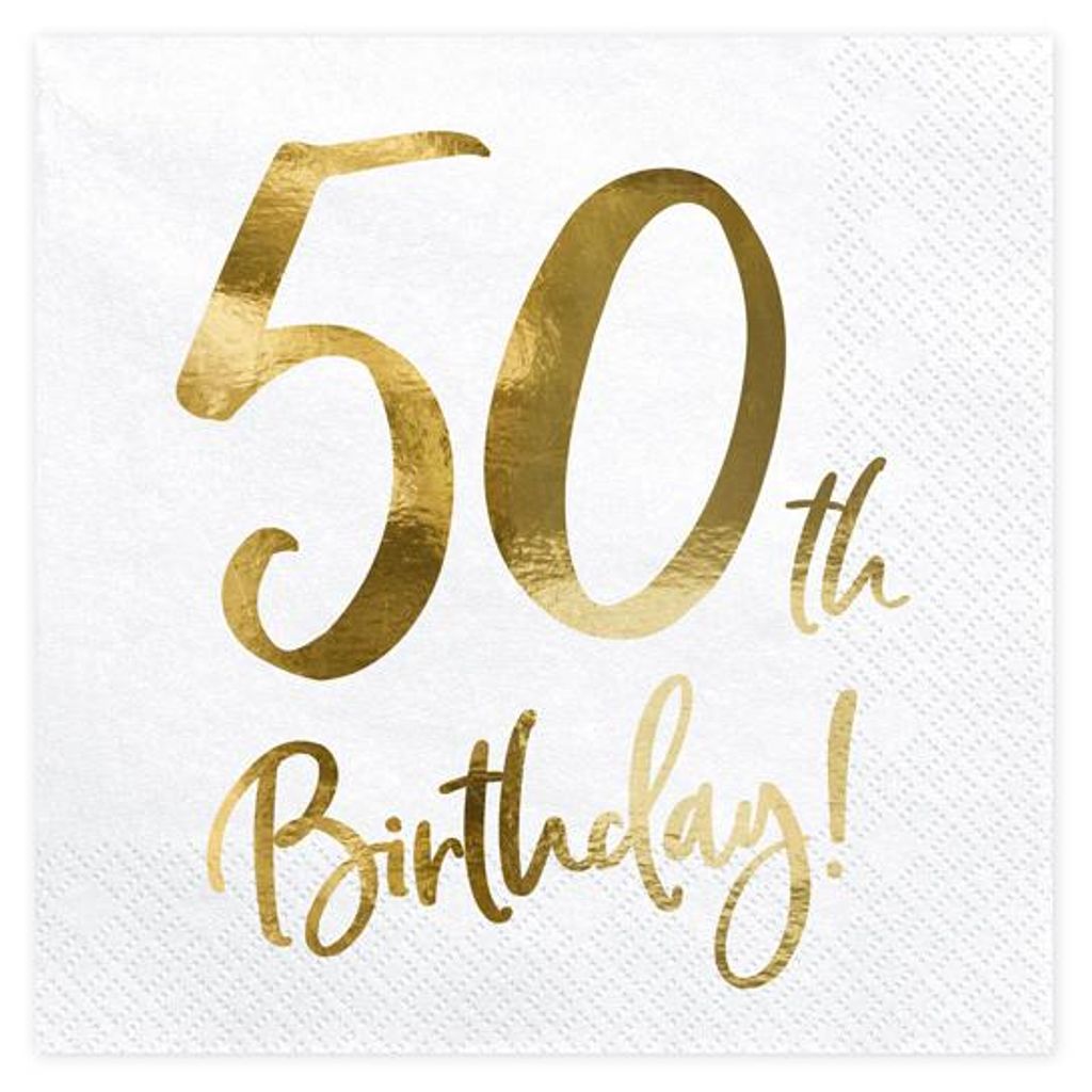 Tovaglioli per 50° compleanno 33x33cm 20 pezzi, bianco/oro Immagine del prodotto 