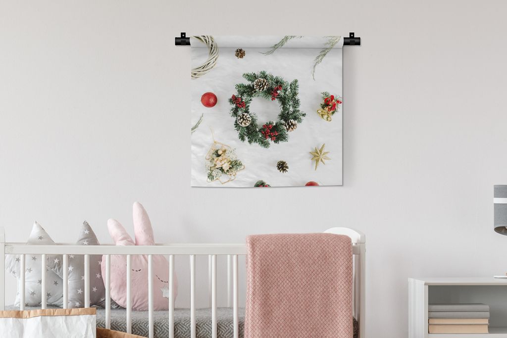 MuchoWow Wandteppich Wandbehang Winter - Weihnachten - Kranz 60x60 cm Tapisserie Dekoration Wandtuch - Dekorationen - Wand Decke
