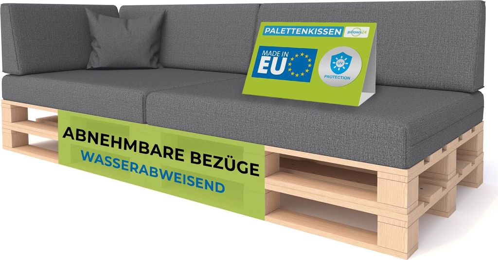 Pillows24 - Palettenkissen mit abnehmbarem Bezug - 6ER SET | Polster für Europaletten 120x80 Sofa - Wasserfest - Outdoor/Indoor | Dunkelgrau