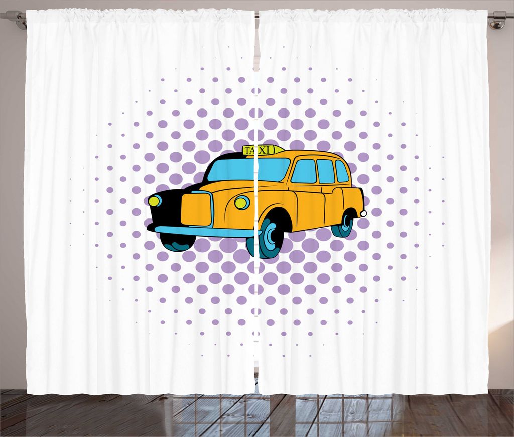 ABAKUHAUS New York Taxi Rustikaler Vorhang, Comics Stil Cab Kunst, Wohnzimmer Universalband Gardinen mit Schlaufen und Haken, 280 x 225 cm, Weiß L...