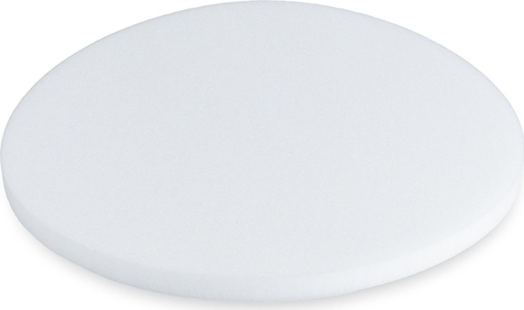 A white, circular foam pad is shown from a slightly elevated diagonal angle against a white background.