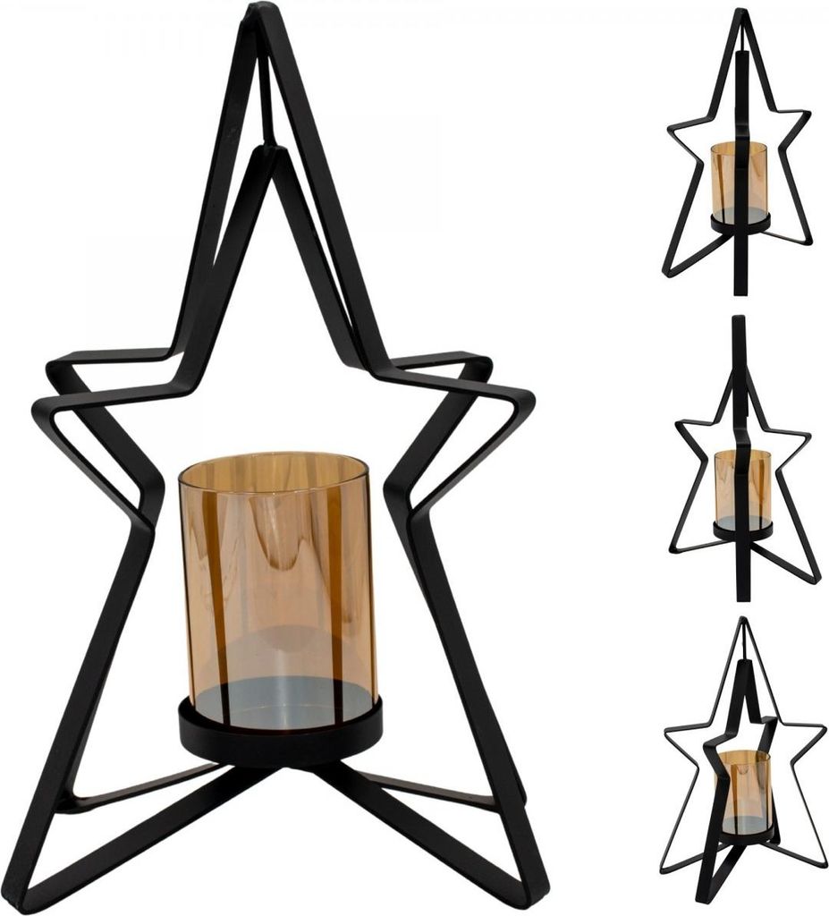 Kerzenhalter Metall „Stern” 31,5 cm mit Amber-Glas – Mica Decorations, stabiler Stahlrahmen, für Tealights & kleine Kerzen, elegantes Deko-H...