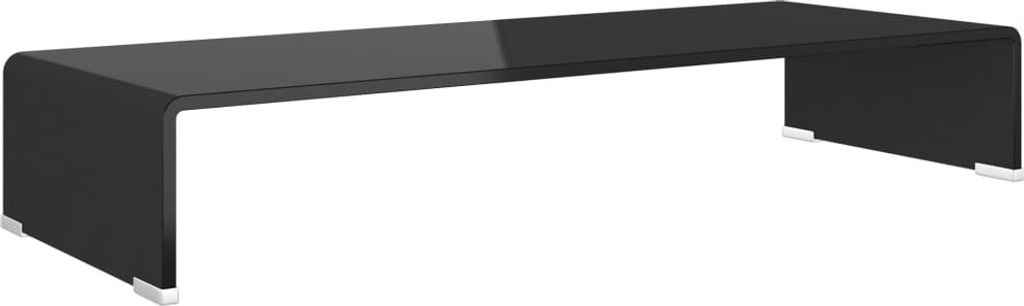 A black glass TV stand or monitor riser with silver feet, shown against a white background.