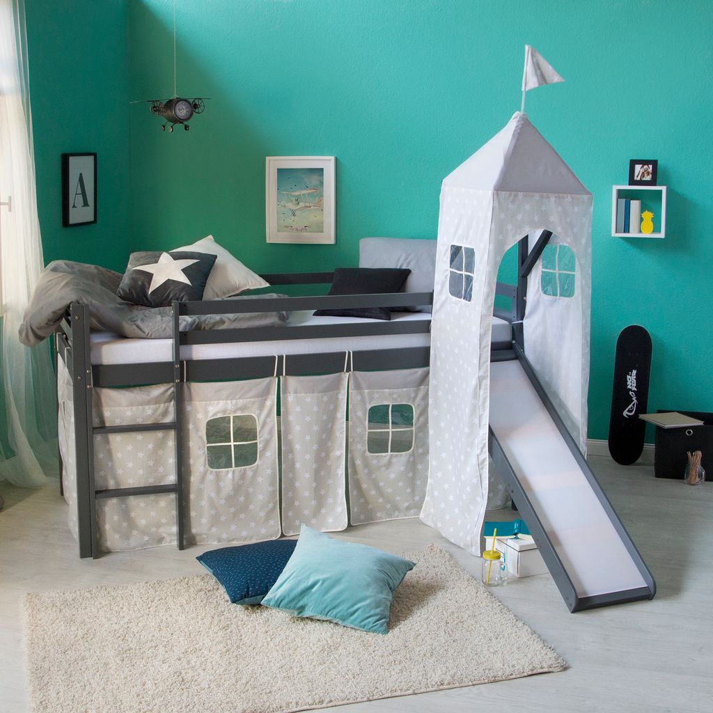 Homestyle4u Hochbett 90x200 Kinder Weiß ohne Lattenrost mit Rutsche Turm Sternen Vorhang Spielbett