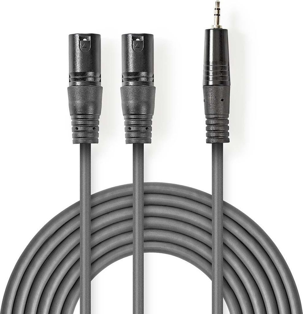 Symmetrisches Audiokabel | 2x XLR 3-Pin Male | 3,5 mm Male | Vernickelt | 1,50 m | Rund | PVC | Dunkelgrau | Papphülle