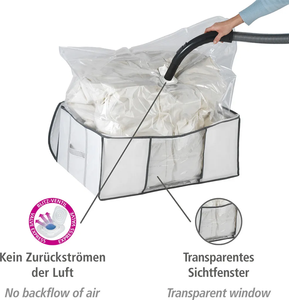 Housse de compression aspirable avec valve et fenêtre transparente