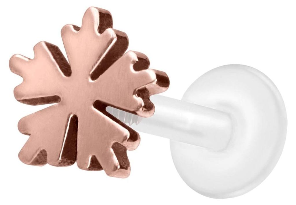 Ohrpiercing, Nasenpiercing PTFE Labret mit Innengewinde + Titan-Aufsatz SCHNEEFLOCKE RoséGold Stablänge: 10mm | Stabstärke: 1,2mm
