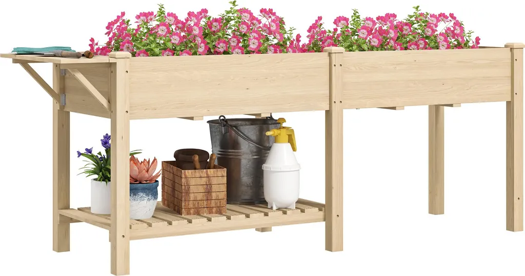 Potager Surélevé Double Bac avec Séparateur et Étagère Basse en Bois