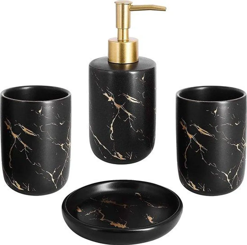 Set Accessoires de Salle de Bains 3 Pièces Céramique Effet Marbre Noir