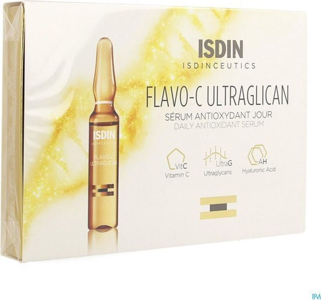 A box of ISDIN Flavo-C Ultraglican serum ampoules.