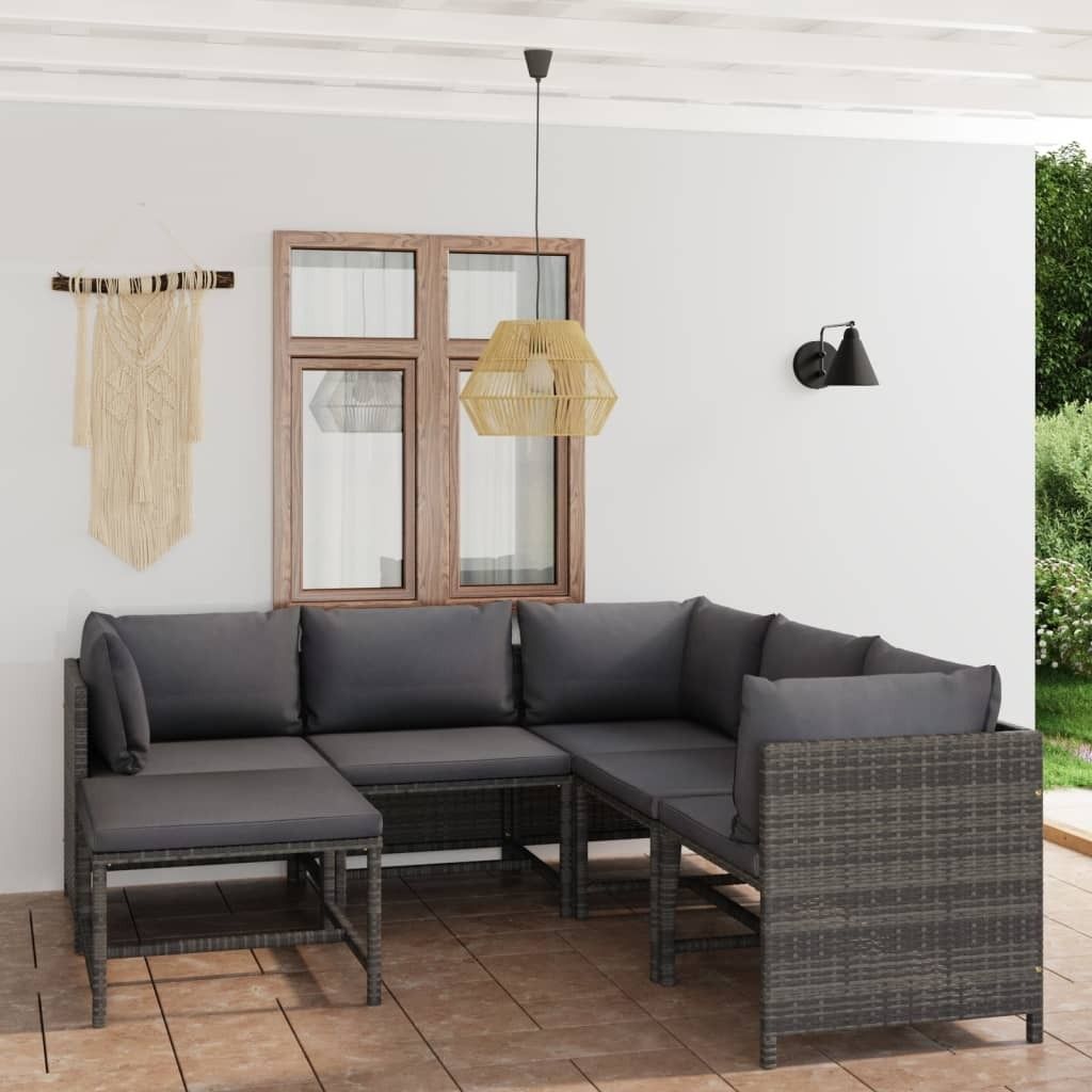 6-tlg. Garten-Lounge-Set mit Kissen Poly Rattan Grau , Gartenmöbel-Sets Design 2024