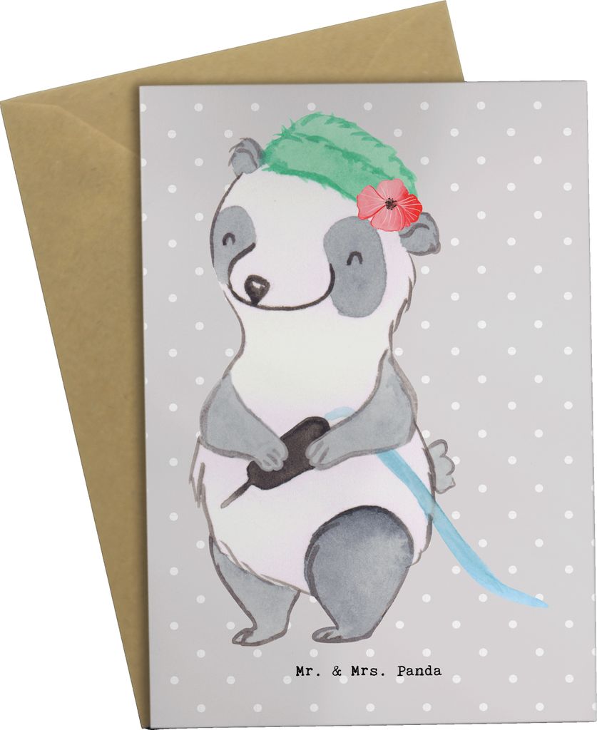 Mr. & Mrs. Panda Grußkarte Tätowiererin Herz - Grau Pastell - Geschenk, osterkarte, valentinstagskarte, einladungskarten, weihnachtskarten, oster...