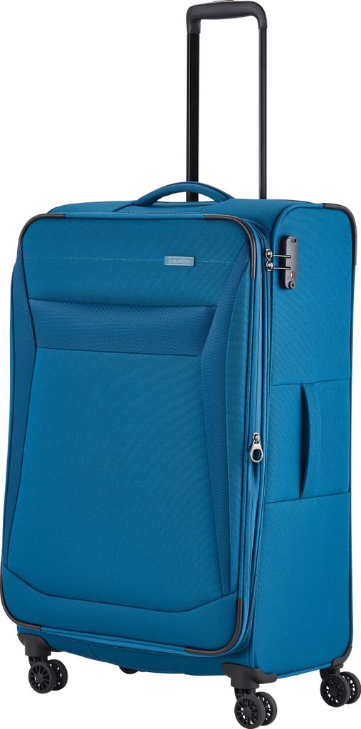 A teal suitcase with a retractable handle and wheels.