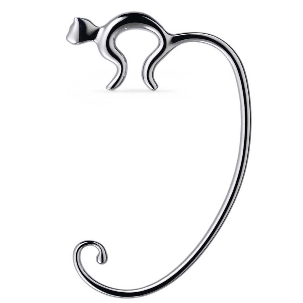 A silver-colored cat-shaped ear cuff is displayed against a white background.