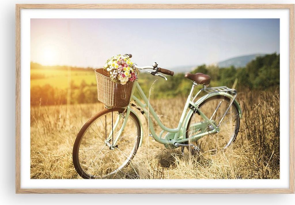 Gerahmtes Poster - Rahmen in heller Eiche - Fahrrad Wiese Blumen - 91,5x61 cm - Wand Bild - Wanddeko - Wandbilder - Wandposter - Bilderrahmen - Bil...