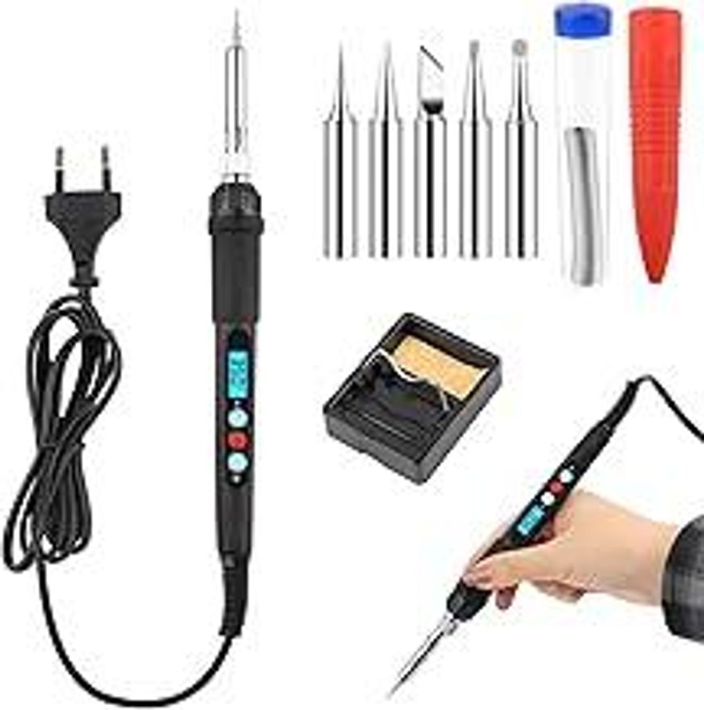 Lötkolben Set, 60W Lötset mit Einstellbarer Temperatur Schalter 200?-500? mit ON/OFF und 10g Lötdraht 5 Lötspitzen Lötkolbenständer, Kabelgeb...