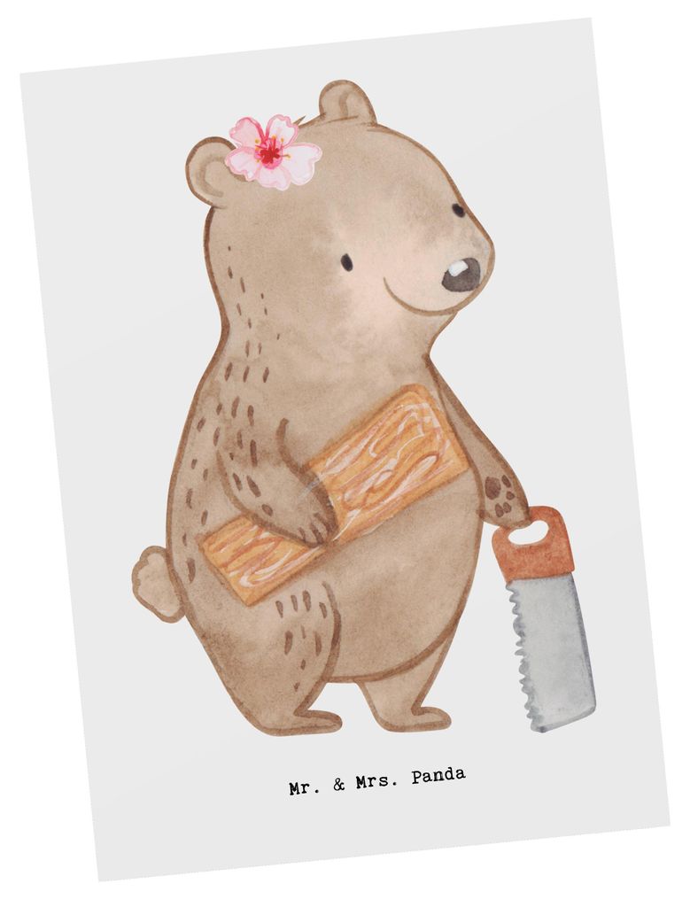 Mr. & Mrs. Panda Postkarte Restauratorin Herz - Weiß - Geschenk, Ansichtskarte, Postkarten, Grußkarte, Motivkarte, Fotokarte