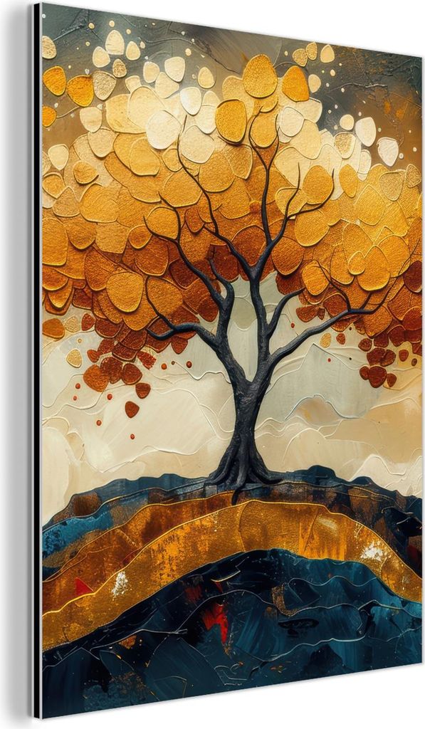 MuchoWow Wanddekoration Metall Metallbild Wandkunst 90x120 cm Baum - Natur - Gold - Modern MuchoWow Aluminium Gemälde - Industrial