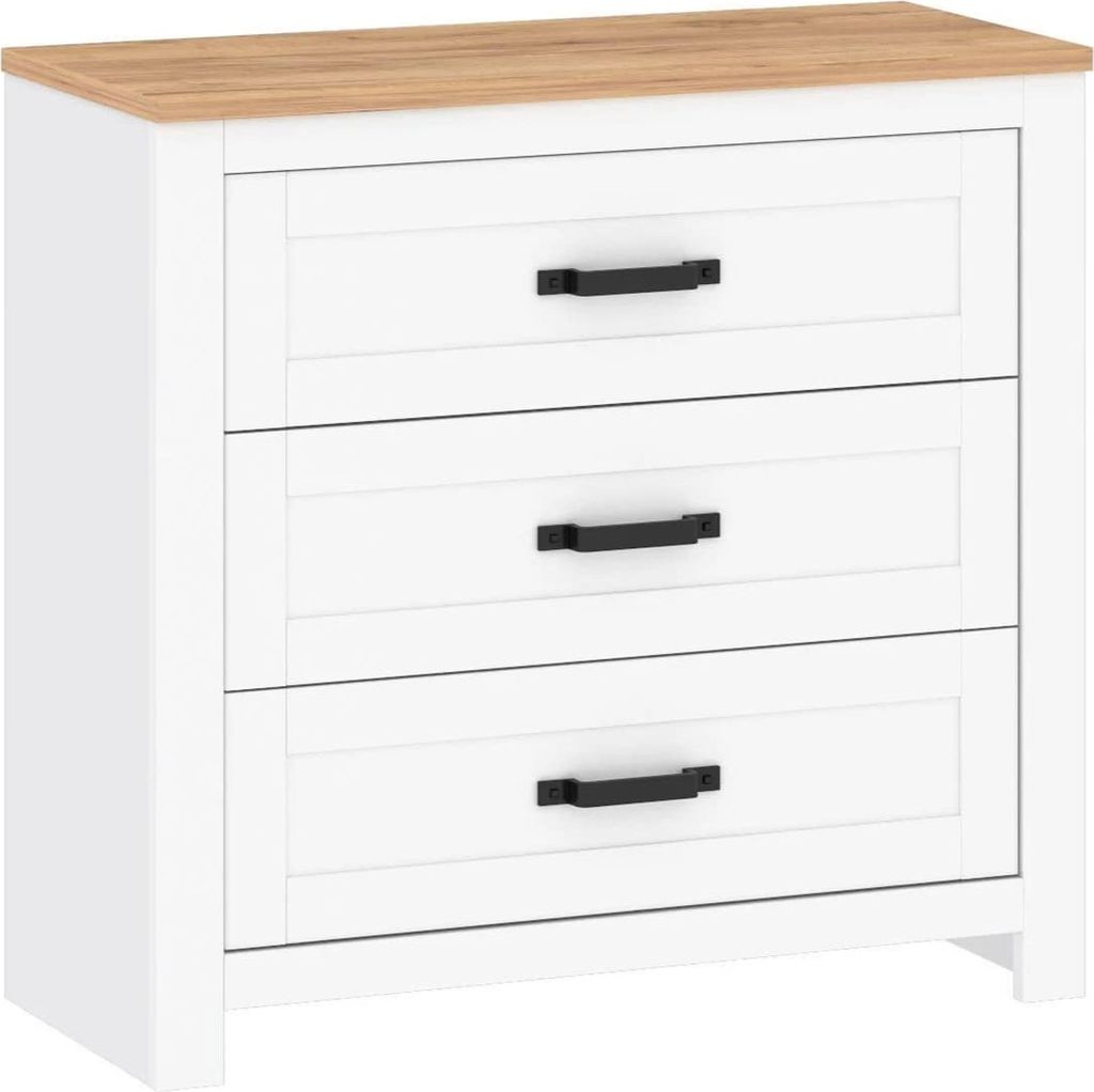 Casa Dolce Kommode TEORIA 1, weiß + Eiche, 94x41x89,5 cm, drei Schubladen, ABS-Kantenschutz