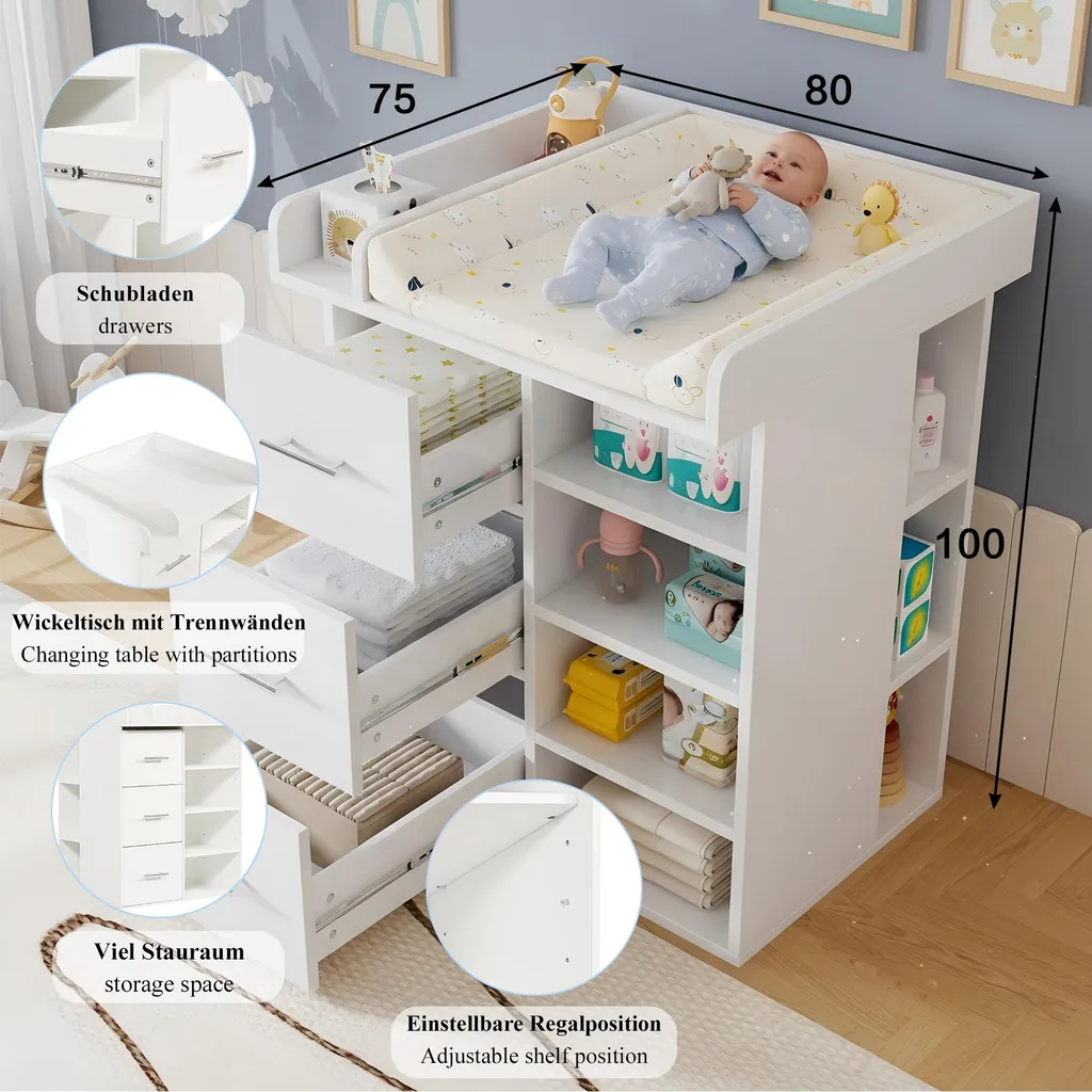 Commode à langer blanche Flieks : 3 tiroirs et étagères modulables - 7