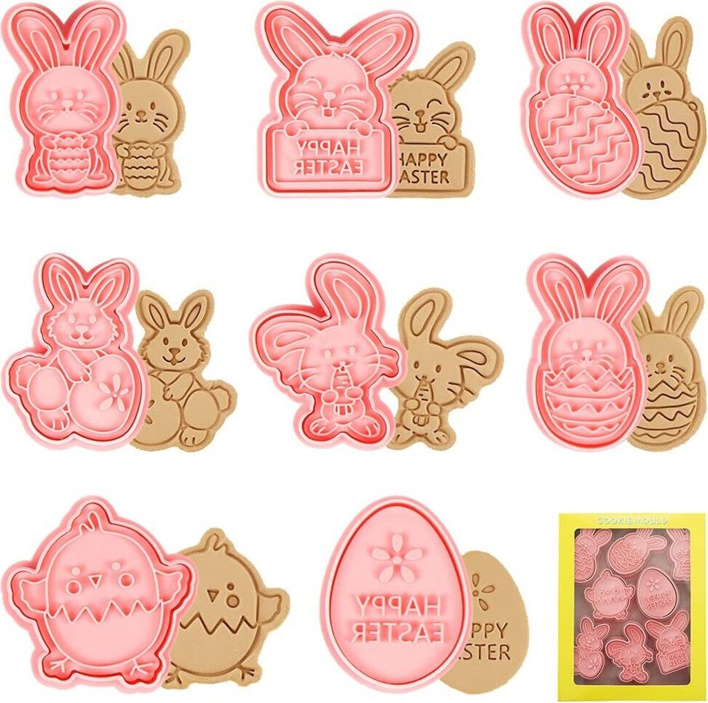 Ausstechformen Ostern, Hasen Oster Ausstechformen, Keksstempel Ausstecher Ostern, 8 Stück Keksausstecher Plastik, Plätzchenausstecher 3D Set, Kun...