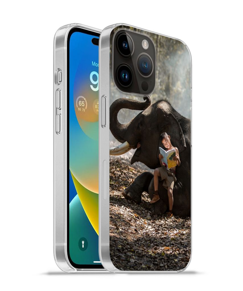 MuchoWow Handyhülle Schutzhülle Hülle für Apple iPhone 14 Pro - Softcase Elefant - Junge - Buch - Wald - Tiere - Natur Silikon Softcase Handy...