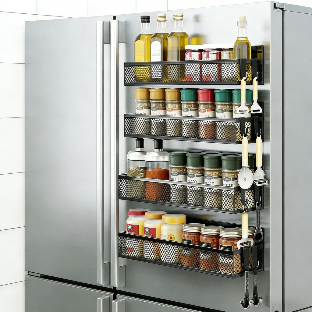 4er-Set magnetische Gewürzregale für Kühlschrank, bohrfreie Gewürzorganisation mit starken Magneten, aus Stahl, für Küche, Mikrowelle und Was...